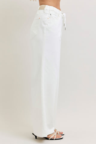 Judy Blue High Waist Featherweight Rose Gold Trim w/ Elastic Waistband Drawstring Palazzo Denim Jeans 881093