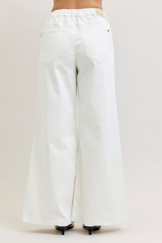 Judy Blue High Waist Featherweight Rose Gold Trim w/ Elastic Waistband Drawstring Palazzo Denim Jeans 881093