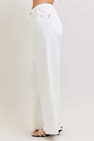 Judy Blue High Waist Featherweight Rose Gold Trim w/ Elastic Waistband Drawstring Palazzo Denim Jeans 881093