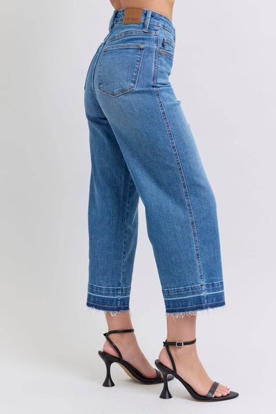Judy Blue High Waist Tummy Control Release Hem Crop Wide Leg Denim Jeans 88875-Jeans-Sunshine and Wine Boutique