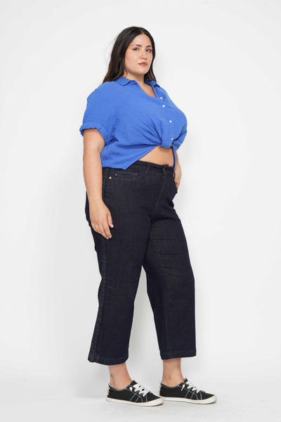 Judy Blue High Waist Side Seam Braid Detail Wide Leg Crop Denim 88851-Jeans-Sunshine and Wine Boutique