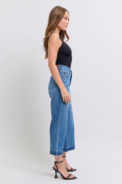 Judy Blue High Waist Tummy Control Release Hem Crop Wide Leg Denim Jeans 88875-Jeans-Sunshine and Wine Boutique