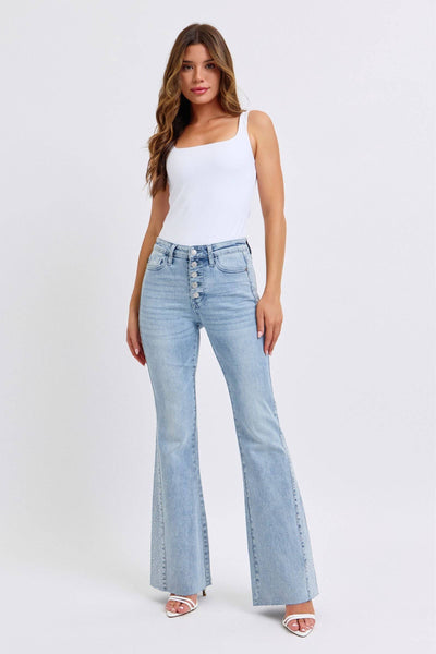 Judy Blue Mid Rise Button Fly Rhinestone Side Panel Detail Flare Denim Jeans 88895-Jeans-Sunshine and Wine Boutique