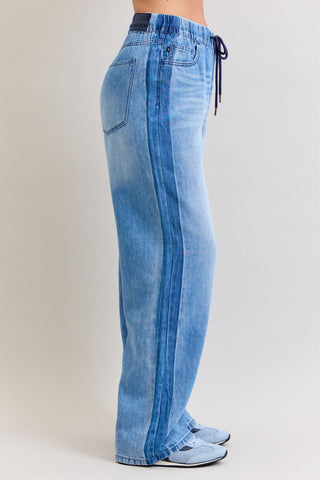 Judy Blue High Waist Wilhemina Elastic Waistband Drawstring & Side Panel Denim Jeans 881005