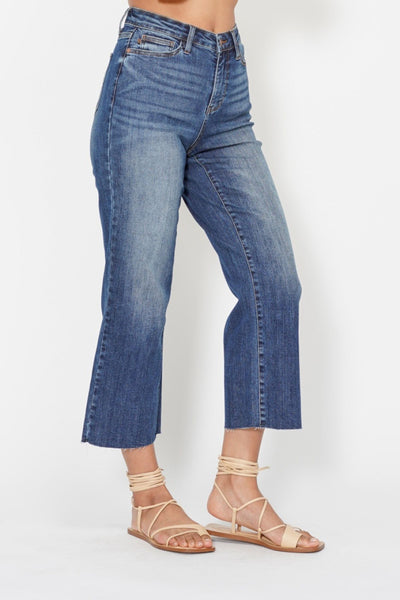 Judy Blue High Waist Back Pocket Embroidery Crop Wide Leg Denim 88873-Jeans-Sunshine and Wine Boutique