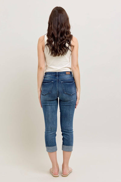 Judy Blue Mid Rise Dark Wash Cuffed Capri Denim Jeans 72121-Jeans-Sunshine and Wine Boutique
