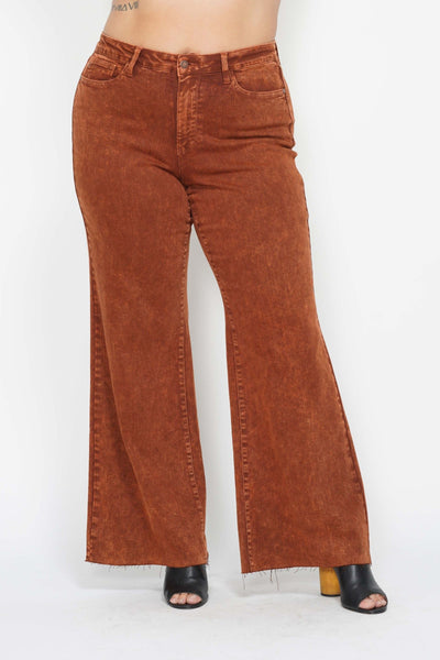 Judy Blue High Waist Garment Dyed Pumpkin Spice Raw Hem Retro Wide Leg Denim 88888-Jeans-Sunshine and Wine Boutique