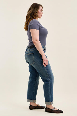 Judy Blue Mid Rise Adjustable Back Tab Hollywood Waist Boyfriend Denim Jeans 82731