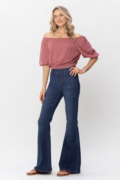 Judy Blue High Waist Pull On Flare Denim 88276-Jeans-Sunshine and Wine Boutique