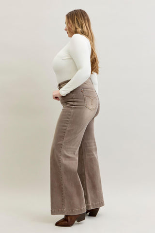 Judy Blue High Waist Retro Yarn Dyed Clay Criss-Cross Waistband Wide Leg Denim Jeans 881031