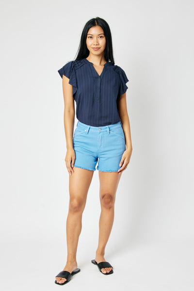 Judy Blue Mid Rise Garment Dyed Sky Blue Shield Pockets Fray Hem Denim Short 150267-Shorts-Sunshine and Wine Boutique
