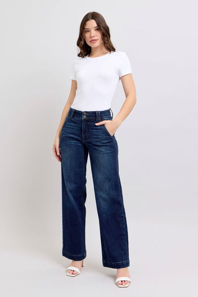 Judy Blue High Waist Double Button Wide Leg Denim Jeans 82642-Jeans-Sunshine and Wine Boutique