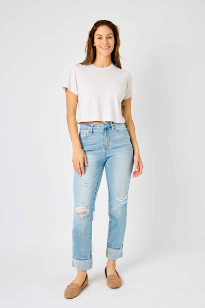 Judy Blue Mid Rise Flag Cuff Boyfriend Denim 88723-Jeans-Sunshine and Wine Boutique