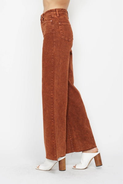 Judy Blue High Waist Garment Dyed Pumpkin Spice Raw Hem Retro Wide Leg Denim 88888-Jeans-Sunshine and Wine Boutique