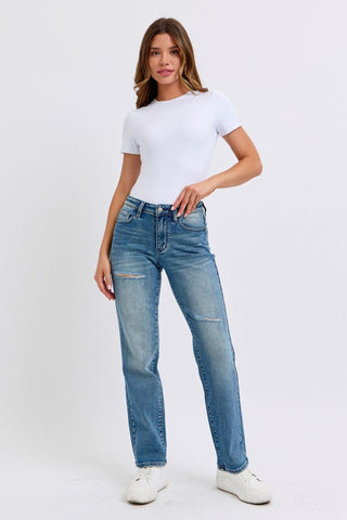 Judy Blue Mid Rise Contrast Wash Destroyed Dad Denim Jeans 88859