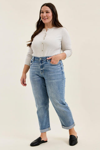 Judy Blue Mid Rise Billie Cuffed Boyfriend Denim Jeans 82753