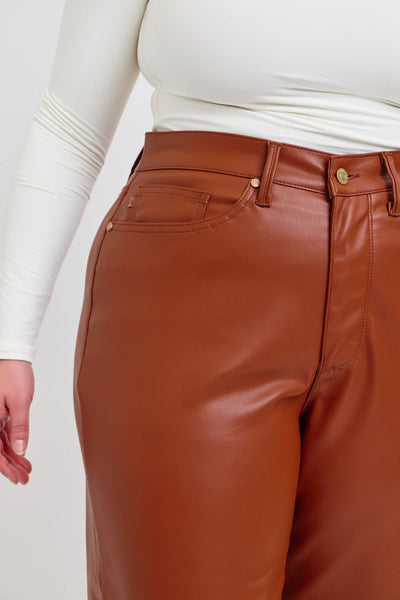 Judy Blue High Waist Tummy Control Camel Faux Leather Wide Leg Crop Denim Jeans 88900-Jeans-Sunshine and Wine Boutique