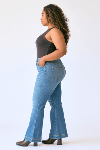 Judy Blue High Waist Tummy Control Double Button Flare Denim Jeans 881018 - Petite