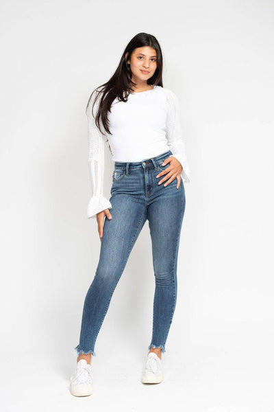 Judy Blue High Waist Destroy & Shark Bite Hem Skinny Denim Jeans 82491-Jeans-Sunshine and Wine Boutique