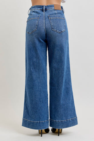 Judy Blue Mid Rise Trouser Retro Wide Leg Denim Jeans 82674 - Petite
