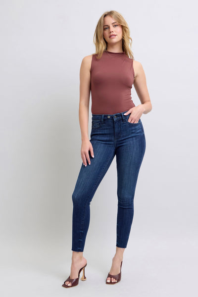 Judy Blue Mid Rise Raw Hem Skinny Denim Jeans 82628-Jeans-Sunshine and Wine Boutique