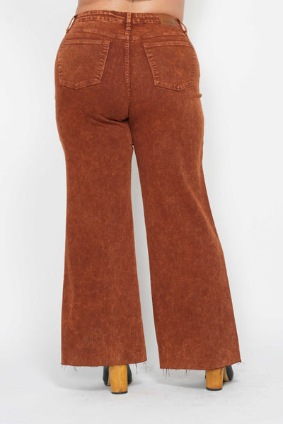 Judy Blue High Waist Garment Dyed Pumpkin Spice Raw Hem Retro Wide Leg Denim 88888-Jeans-Sunshine and Wine Boutique