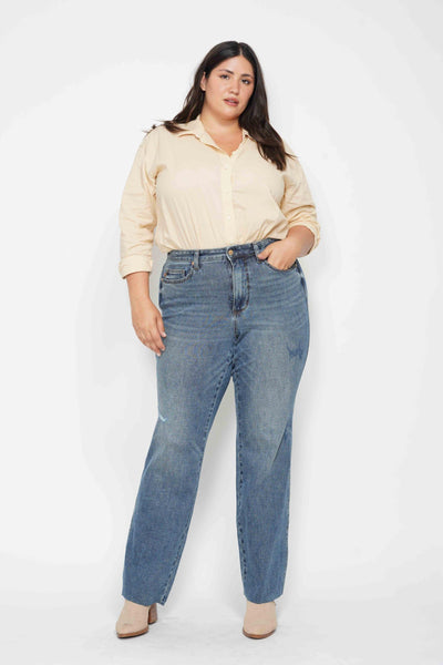 Judy Blue High Waist "Tummy Control" Raw Hem Straight Denim 88848-Jeans-Sunshine and Wine Boutique