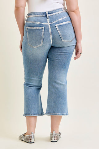 Judy Blue Mid Rise Foiled Seams Kick Flare Denim Jeans 881109