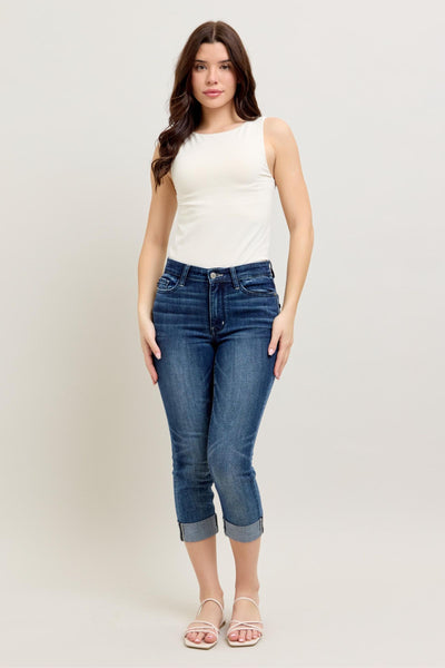 Judy Blue Mid Rise Dark Wash Cuffed Capri Denim Jeans 72121-Jeans-Sunshine and Wine Boutique