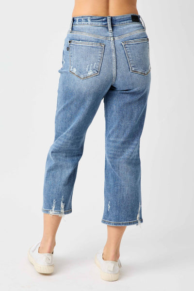 Judy Blue High Waist Button Fly Destroy Wide Leg Crop Denim 82509-Jeans-Sunshine and Wine Boutique