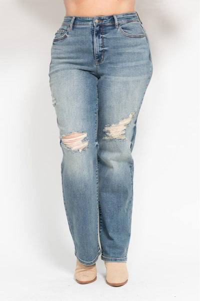 Judy Blue High Waist Harsh Tint & Destroy Straight Dad Denim Jeans 82641-Jeans-Sunshine and Wine Boutique