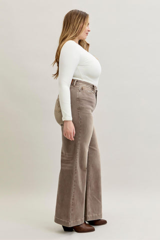 Judy Blue High Waist Retro Yarn Dyed Clay Criss-Cross Waistband Wide Leg Denim Jeans 881031