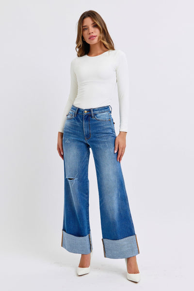 Judy Blue High Waist Retro Distressed Cuffed Wide Leg Jeans 82636 - Exclusive-Jeans-Sunshine and Wine Boutique