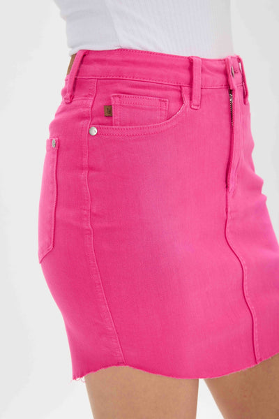 Judy Blue High Waist Shirt Tail Hem Hot Pink Denim Skirt 2807-Jeans-Sunshine and Wine Boutique