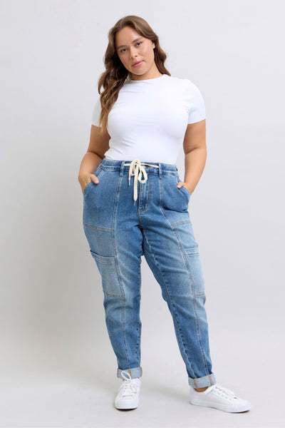 Judy Blue High Waist Cargo Cuff Jogger Denim Jeans 88909-Jeans-Sunshine and Wine Boutique