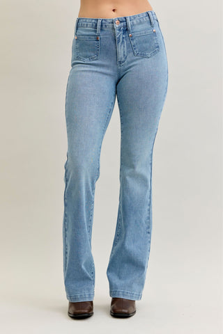 Judy Blue Mid Rise Contrast Wash & Front Patch Bootcut Denim Jeans 881053