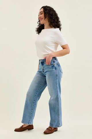Judy Blue Mid Rise Tummy Control Vintage Wash Straight Denim Jeans 88943 - Petite
