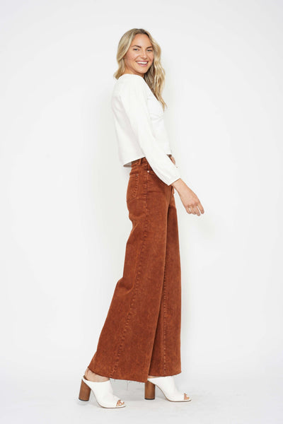 Judy Blue High Waist Garment Dyed Pumpkin Spice Raw Hem Retro Wide Leg Denim 88888-Jeans-Sunshine and Wine Boutique