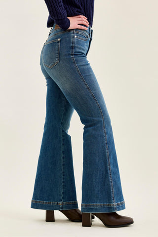 Judy Blue High Waist Tummy Control Double Button Flare Denim Jeans 881018 - Petite