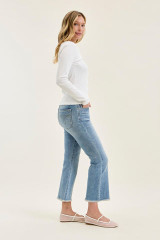 Judy Blue Mid Rise Frayed Hem Kick Flare Denim Jeans 82721