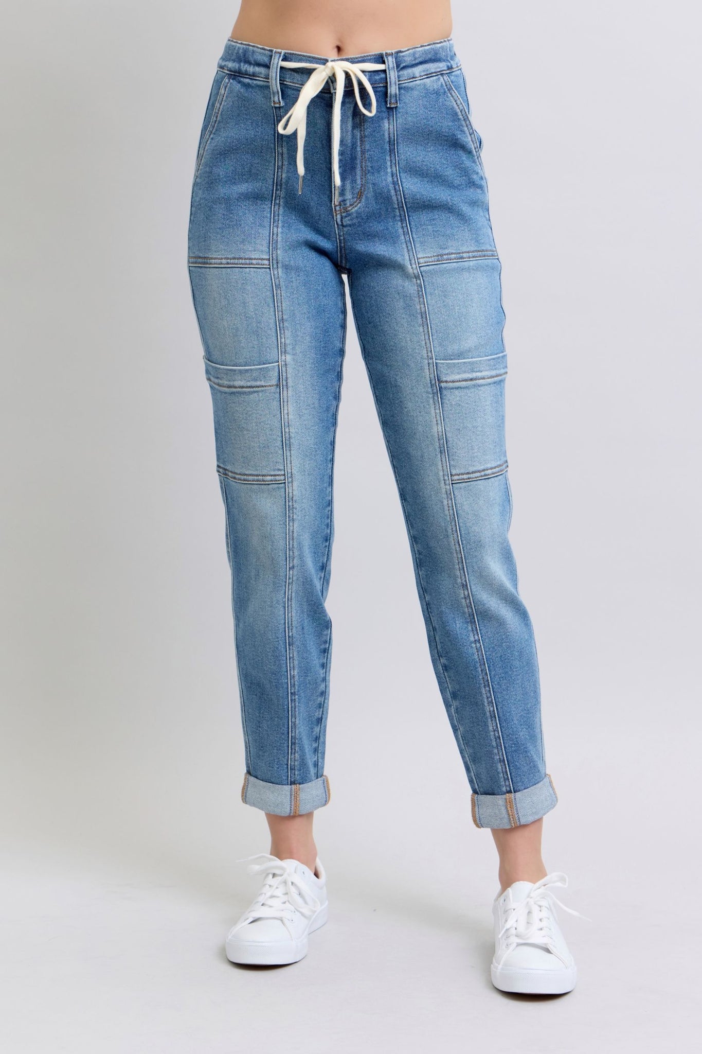 Judy Blue High Waist Cargo Cuff Jogger Denim Jeans 88909-Jeans-Sunshine and Wine Boutique