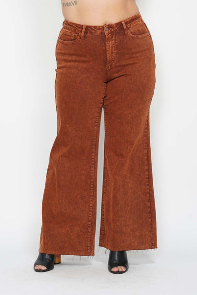 Judy Blue High Waist Garment Dyed Pumpkin Spice Raw Hem Retro Wide Leg Denim 88888-Jeans-Sunshine and Wine Boutique