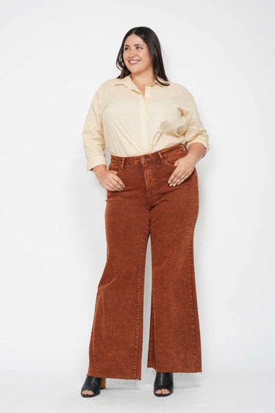 Judy Blue High Waist Garment Dyed Pumpkin Spice Raw Hem Retro Wide Leg Denim 88888-Jeans-Sunshine and Wine Boutique