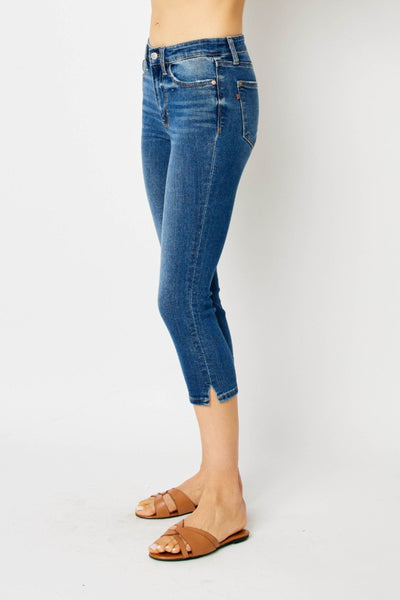 Judy Blue Mid Rise Side Slit Capri Denim 72113-Jeans-Sunshine and Wine Boutique