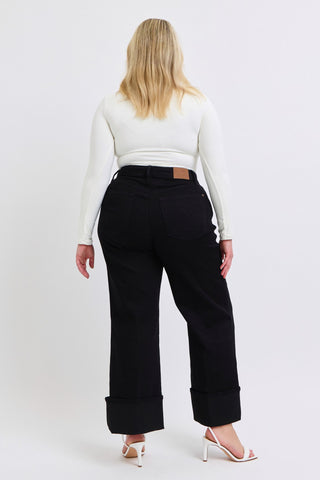 Judy Blue High Waist Retro Wide Leg Black Cuffed Denim Jeans 82617