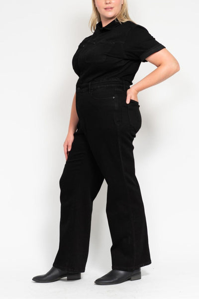 Judy Blue High Waist Garment Dyed Black Tummy Control Short Sleeve Straight Denim Jeans Jumpsuit 88853-Jeans-Sunshine and Wine Boutique