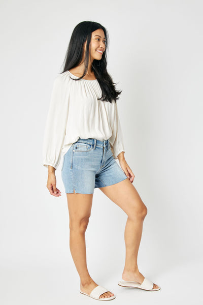 Judy Blue Mid Rise Cutt Off Denim Short 15251-Shorts-Sunshine and Wine Boutique