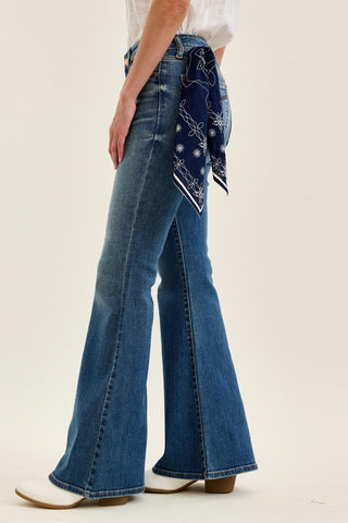 Judy Blue Mid Rise Triple Needle Pockets & Bandana Loop Jaqueline Flare Denim Jeans 82726