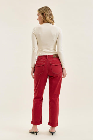 Judy Blue High Waist Aurora Weekender Garment Dyed Haute Red Cuffed Slim Straight Jogger Denim Jeans 881195