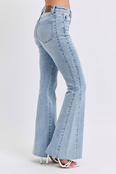 Judy Blue Mid Rise Button Fly Rhinestone Side Panel Detail Flare Denim Jeans 88895-Jeans-Sunshine and Wine Boutique